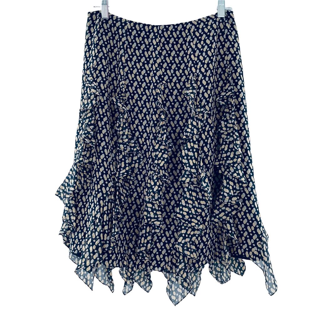Kay Unger Navy Blue Cream Silk Light Dotted Tiered Ruffle A-Line Evening Skirt 8